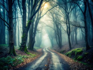 Abandoned eerie foggy misty woodland road forked destiny foreboding loneliness