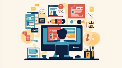 Digital Creation: Flat Design Illustration of Web Developer Coding Website with HTML/CSS Elements