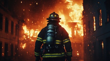 Fototapeta premium firefighter in full gear battling intense flames from a burning building at night, copy space
