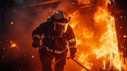  firefighter in full gear battling intense flames from a burning building at night, copy space