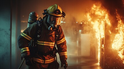 Fototapeta premium firefighter in full gear battling intense flames from a burning building at night, copy space