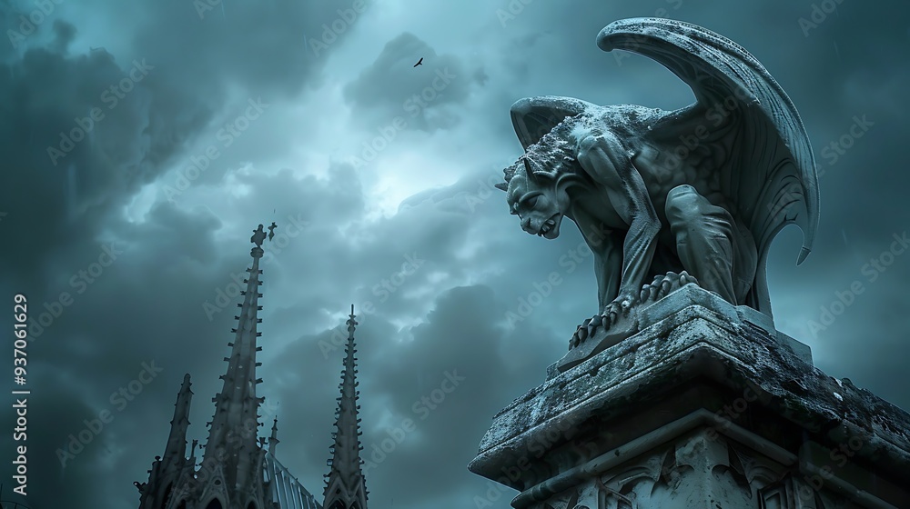 Wall mural Gargoyle sculpture perched atop a gothic cathedral, set against a stormy sky. The sculpture is detailed and intricate, with wings spread wide and a fierce expression.