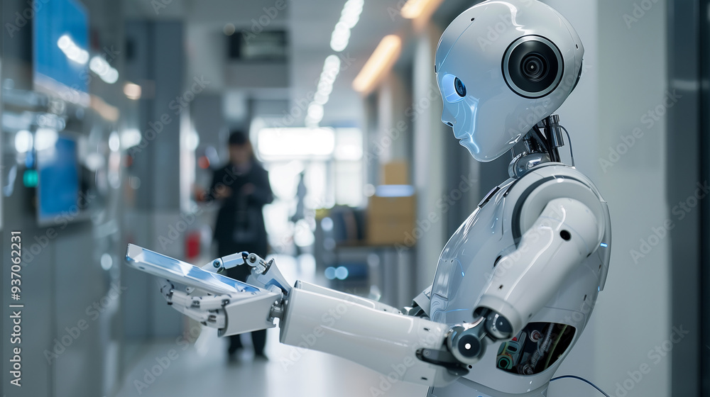 Poster a modern ai robot using a digital tablet working in modern office, futuristic robot workforce