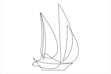 One continuous line art drawing of sailboat design travel tourism concept outline vector illustration