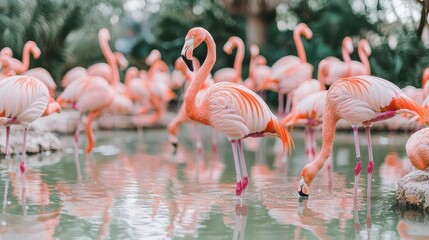 Pink Flamingos Drinking in Shallow Water