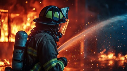 Obraz premium firefighter in full gear battling intense flames from a burning building at night, copy space
