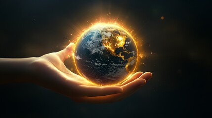 A hand holding a glowing globe