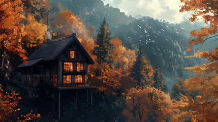 Warm Colors Cozy Autumn House in Forest  LOFI Ambient Design