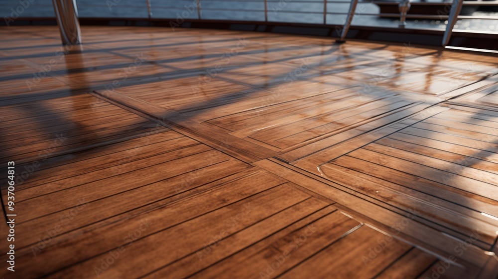 Poster yacht deck texture. a close-up view of a polished wooden deck on a boat, showcasing intricate patter
