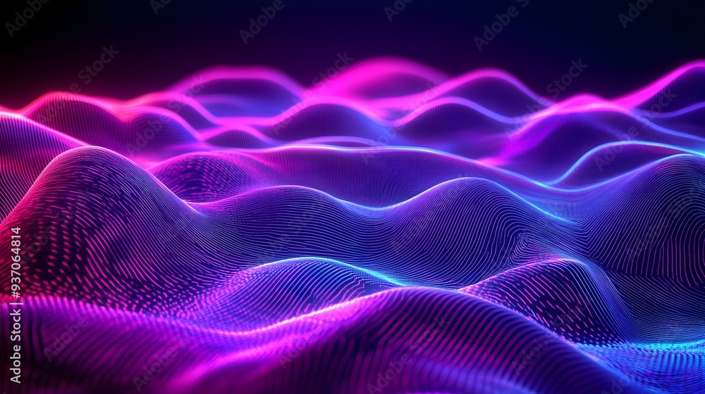 Poster 25. neon wave patterns creating a vibrant, fluid motion in a 3d environment