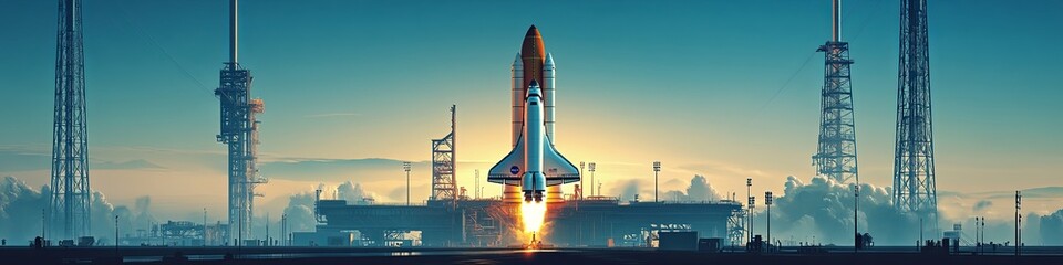 A space shuttle stands tall on the launch pad. dreams and dangers are embodied in this towering structure