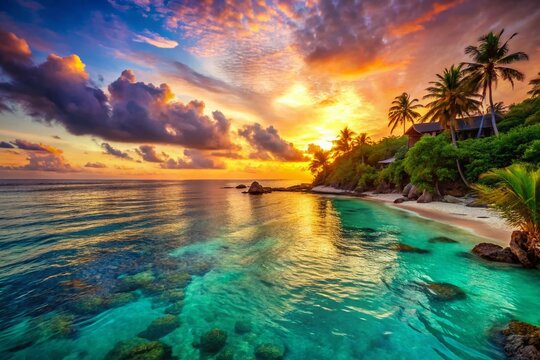 vibrant tropical ocean warm sunset colorful beach sunset serene peaceful landscape tranquility relaxation refreshing calm crystal clear turquoise water exotic getaway
