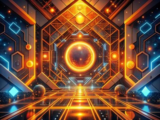 futuristic orange outline illustration featuring glowing neon accents dynamic geometric patterns with metallic textures sci-fi space exploration environments