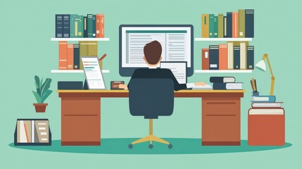 Efficient Legal Assistant Providing Support with Research and Document Management in Flat Design Illustration