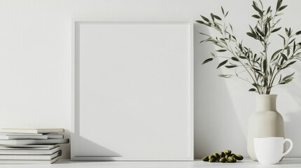 White Frame Mockup with Olive Branch and Books