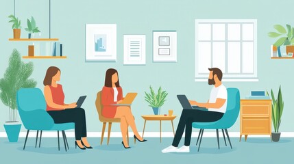 Compassionate Social Worker Providing Support and Services to Individuals and Families in a Community Center: Flat Design Illustration Depicting Care and Assistance