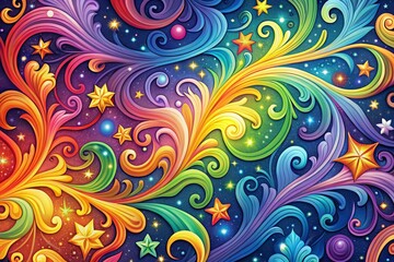 Fototapeta premium Whimsical fantastical marbled paper vector design with curly ornate patterns and vibrant rainbow colors on starry night background with magical and adventurous style