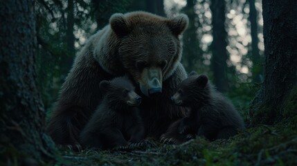 Obraz premium Mother Brown Bear and Cubs in Forest