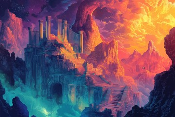 Ancient Ruins in a Fantasy Landscape with a Colorful Sky