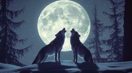 Fototapeta premium Wolves Howling at Full Moon in Snowy Forest