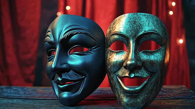 Theater masks, drama and comedy with a red curtain / 3D Rendering, Mixed media