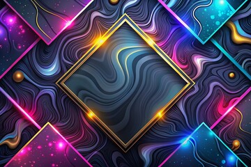 Obraz premium Vivid futuristic marbled paper vector design with neon geometric patterns and metallic accents on dark gradient background with futuristic and high-tech mood