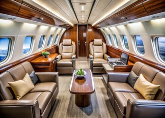 Obraz premium Seamless panoramic view of a luxurious private jet's cabin, adorned with rich wood accents, plush leather seats, and sleek chrome fixtures, exuding sophistication and elegance.