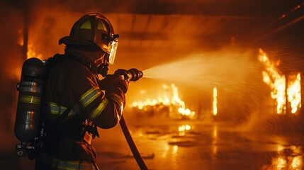 Fototapeta premium firefighter in full gear battling intense flames from a burning building at night, copy space