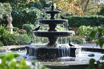 beautifully designed fountain with elegant details, situated in a serene garden full of blooming flowers, with birds calmly sitting on the fountain’s edge