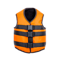 A bright orange life vest with black straps isolated on a white background.  Perfect for water safety or boating related projects.