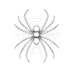 Obraz premium A white spider sits in the center of a detailed black spiderweb. The web is intricate and has a few colorful dots scattered across it.