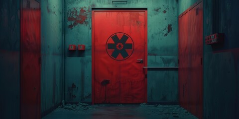 Red Door with Symbol in a Abandoned Corridor