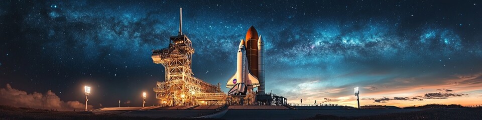 Obraz premium The launch base is alive with activity as the shuttle stands ready. moment encapsulate the spirit of teamwork and determination