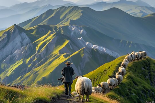 Sheep herders guide their cattle along a narrow path through lush green hills, leading them to graze. The scene is a peaceful portrayal of rural life