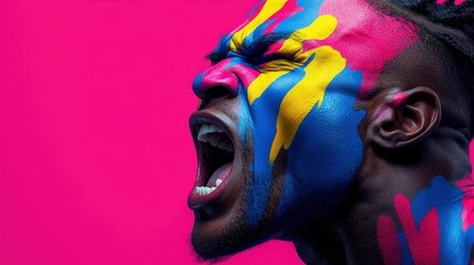 Man with Colorful Face Paint Shouting