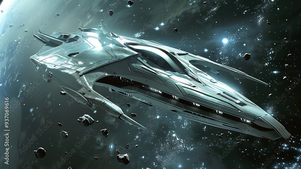 Poster futuristic spaceship traverses a vast starfield, its sleek design illuminated by the glow of distant