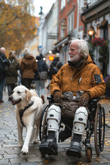 Fototapeta premium senior man in a modern motorized wheelchair, a white photorealistic, Labrador dog on a leash, and a humanoid robot walking beside the man in an urban environment