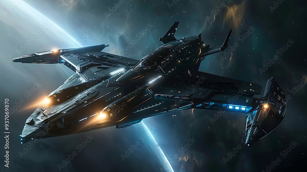Poster futuristic spaceship is seen soaring through the cosmos against a backdrop of stars and a distant pl