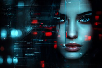 A close up of a woman’s face with digital patterns superimposed symbolizing the intricate relationship between technology and human identity in a futuristic visually compelling setting