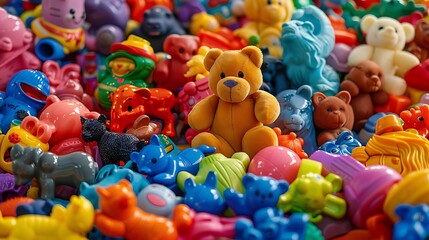 Many children toys are in one pile isolated on colorful background