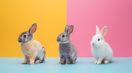 Obraz premium Many different standing poses of three colour cute little rabbits isolated on colorful background