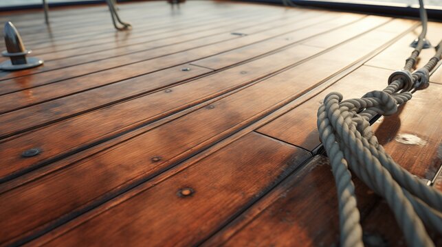Yacht deck texture. Close-up view of a wooden deck on a boat, showcasing polished wooden planks and coiled ropes. The warm tones of the wood reflect sunlight, creating a serene nautical atmosphere.