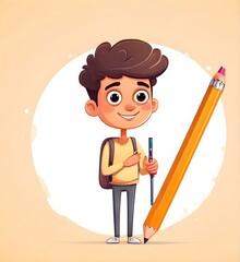 Cute funny isolated character. Cartoon style. Hand drawn Vector illustration. Man with a large Pencil. Young person holding big pencil. Drawing, writing, creating, design, blogging concept. Art. See L