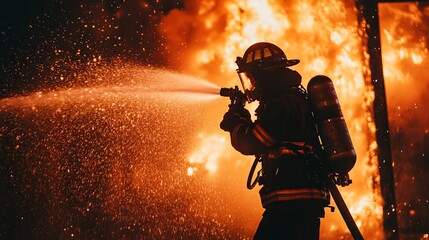 Fototapeta premium firefighter in full gear battling intense flames from a burning building at night, copy space