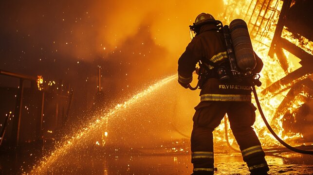  firefighter in full gear battling intense flames from a burning building at night, copy space