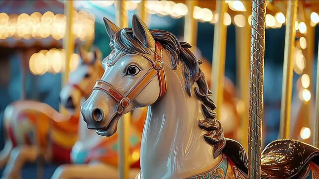 A traditional carousel at a fair or amusement park pastel colors