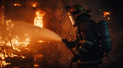  firefighter in full gear battling intense flames from a burning building at night, copy space