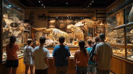 Family admiring dinosaur