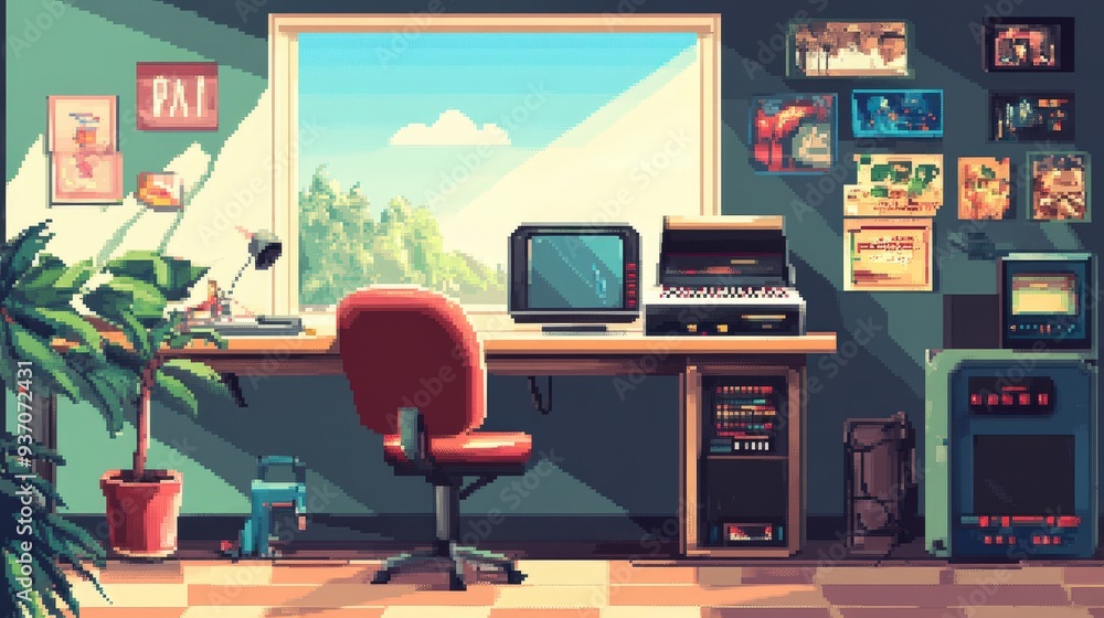 Poster retro pixel art fusion: modern flat design with nostalgic video game graphics