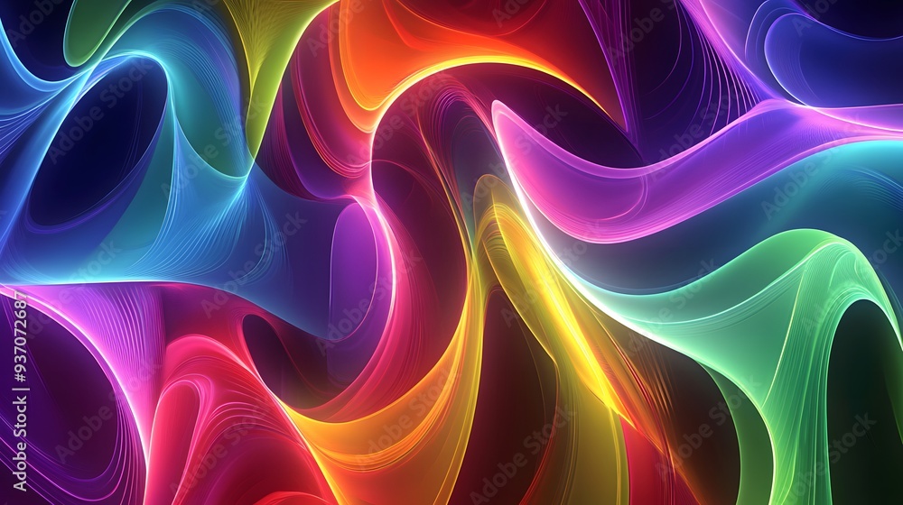 Poster 119. 3d swirling ribbons in a spectrum of neon colors forming an intricate wave-like pattern